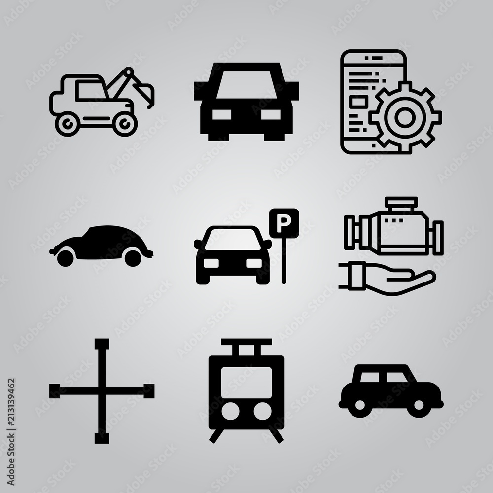 Simple 9 icon set of transport related car rounded shape side view, car, parked car and industrial excavator vector icons. Collection Illustration Simple 9 icon set of transport related car rounded shape side view, car, parked car and industrial excavator vector icons. Collection Illustration