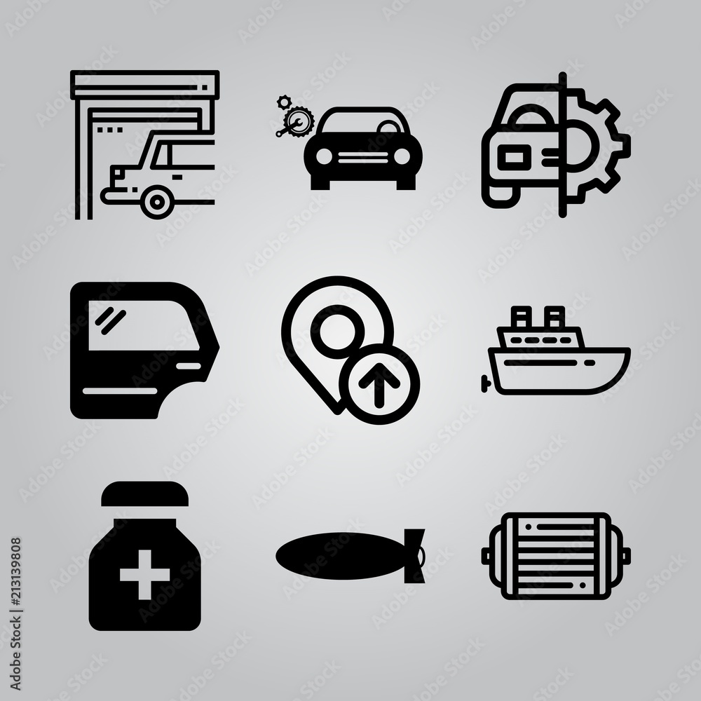 Simple 9 icon set of electronics related radiator, car with repair equipment, car repair and car door vector icons. Collection Illustration Simple 9 icon set of electronics related radiator, car with repair equipment, car repair and car door vector icons. Collection Illustration