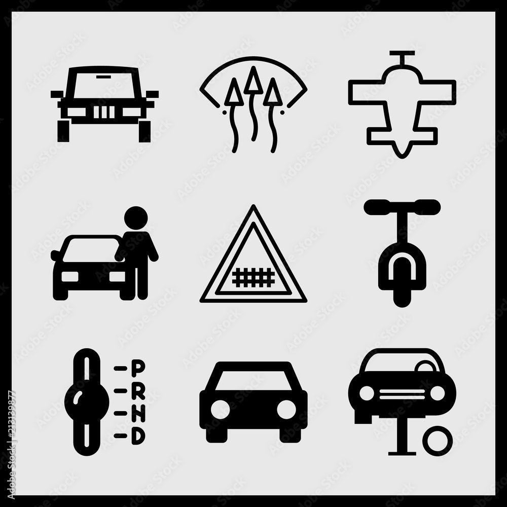 Simple 9 icon set of car related aeroplane, windscreen, gearshift and car frontal view vector icons. Collection Illustration Simple 9 icon set of car related aeroplane, windscreen, gearshift and car frontal view vector icons. Collection Illustration