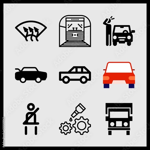Simple 9 icon set of car related truck front view, trunk open, car and car vector icons. Collection Illustration