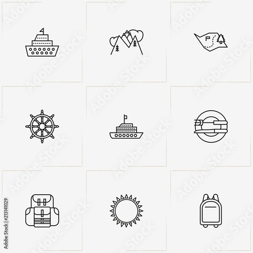 Travel line icon set with backpack, mountains  and handwheel