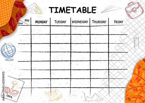 School timetable background with hand drawn elements of school supplies.