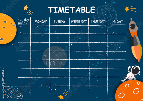 School timetable background with hand drawn space elements.