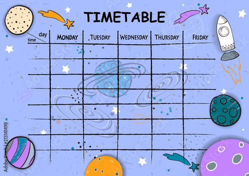 School timetable background with hand drawn space elements.