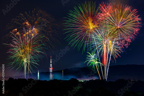 Fototapeta Naklejka Na Ścianę i Meble -  Fireworks light up the Saturn V rocket in Huntsville AL