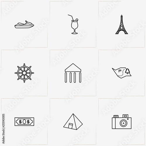Travel line icon set with handwheel , map and architecture