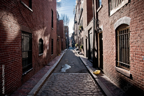 Streets and cobbled houses in the old part of the city of Boston