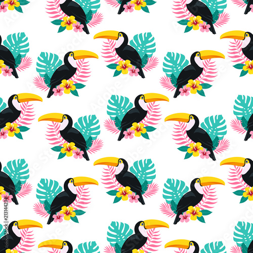 Summer colorful bright seamless hand drawn tropical pattern with toucan birds and exotic plant leaves and flowers of hibiscus on white background. Hawaiian style. Vector illustration
