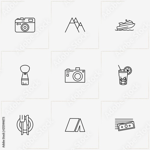 Travel line icon set with money, water scooter and air balloon