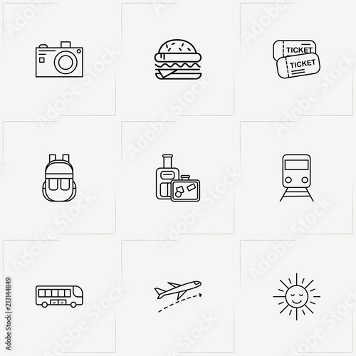 Travel line icon set with baggage, bus  and backpack
