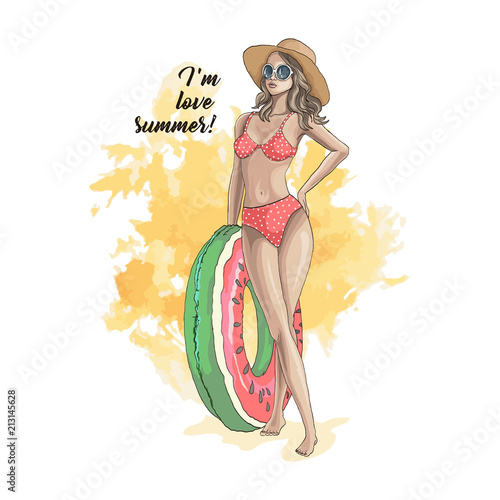 Beautiful girl in swimsuit and hat. Fashionable woman in sunglasses holding an inflatable circle for the pool. Hand drawn sketch. Vector illustration.