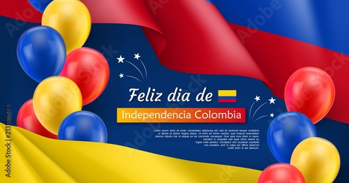 Happy Independence day festive banner. Colombian national holiday celebrated 20th of July. Patriotic vector concept with realistic waving colombian flag and colorful helium balloons on blue background