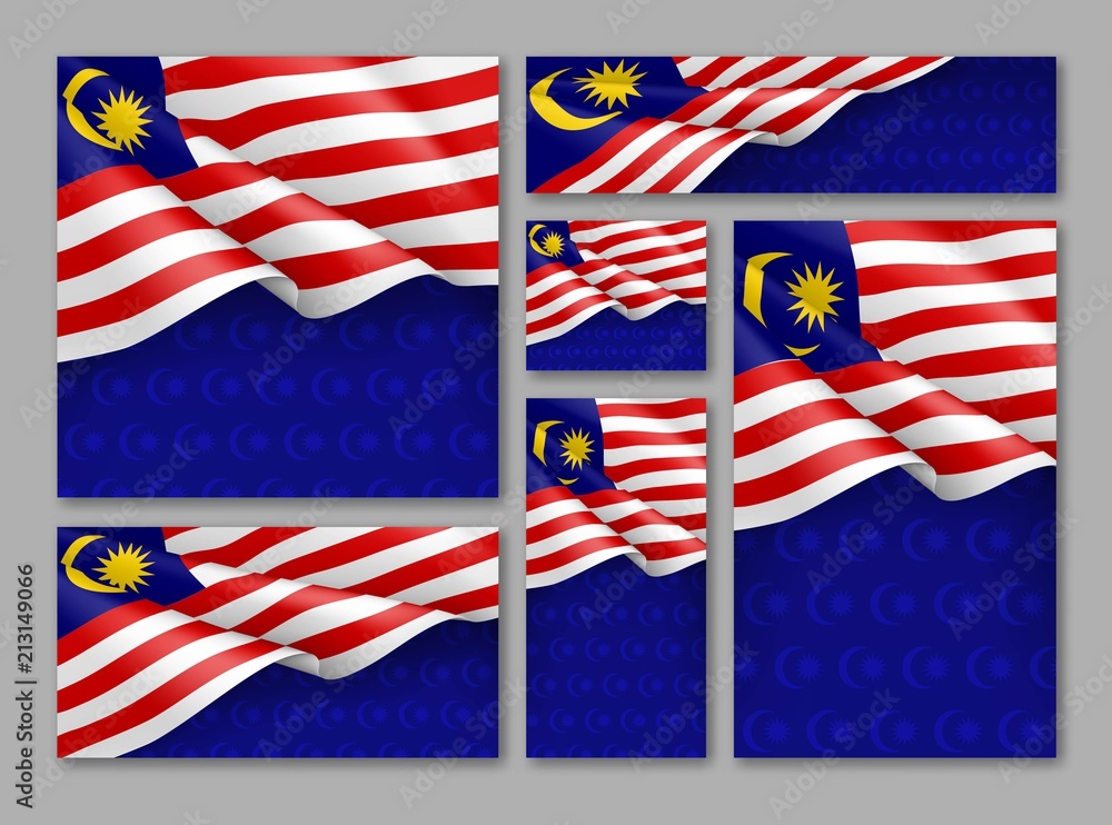 Malaysian patriotic festive banners set. Realistic waving malaysian flag on blue background. Independence, democracy and freedom vector layouts. Malaysia republic day concept with space for text Malaysian patriotic festive banners set. Realistic waving malaysian flag on blue background. Independence, democracy and freedom vector layouts. Malaysia republic day concept with space for text