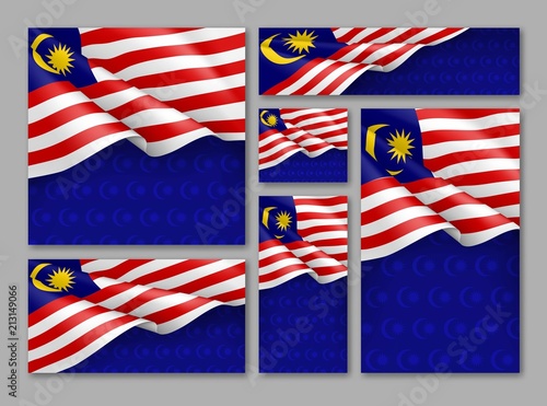 Malaysian patriotic festive banners set. Realistic waving malaysian flag on blue background. Independence, democracy and freedom vector layouts. Malaysia republic day concept with space for text