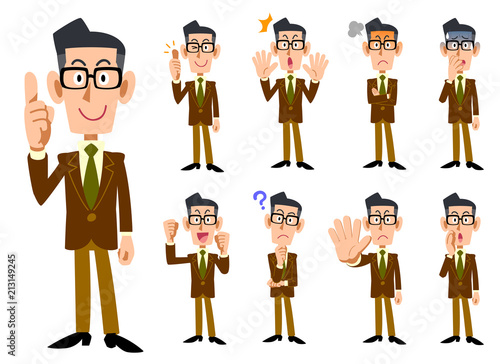 眼鏡をかけて茶色のジャケットを着た男性の9種類の表情と仕草
