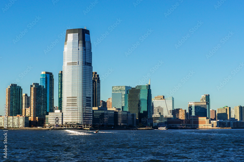 New York city skyline view from the boat to Ellis Island