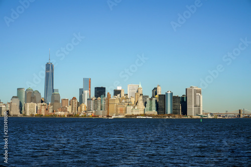 New York city skyline view from the boat to Ellis Island