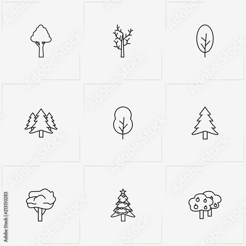 Trees line icon set with apple tree, dry tree and christmas tree