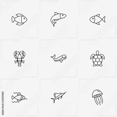 Undersea World line icon set with jellyfish , whale  and lobster