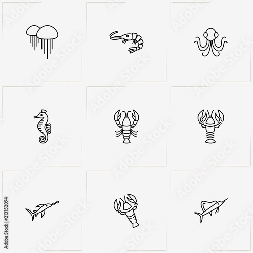 Undersea World line icon set with sea horse , lobster and octopus