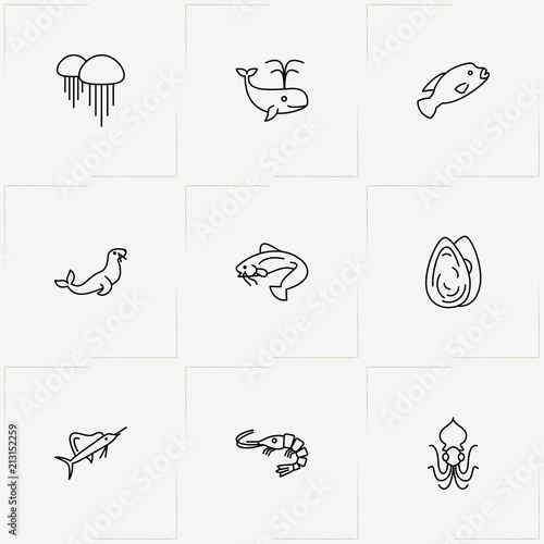 Undersea World line icon set with lobster, octopus and swordfish