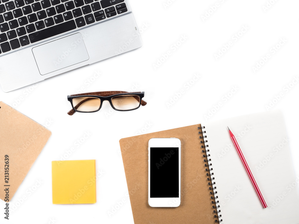 Minimal and Modern white office desk with laptop and glasses and other supplies, Top view with space for copy paste your text, Concept Minimal and Modern background Minimal and Modern white office desk with laptop and glasses and other supplies, Top view with space for copy paste your text, Concept Minimal and Modern background