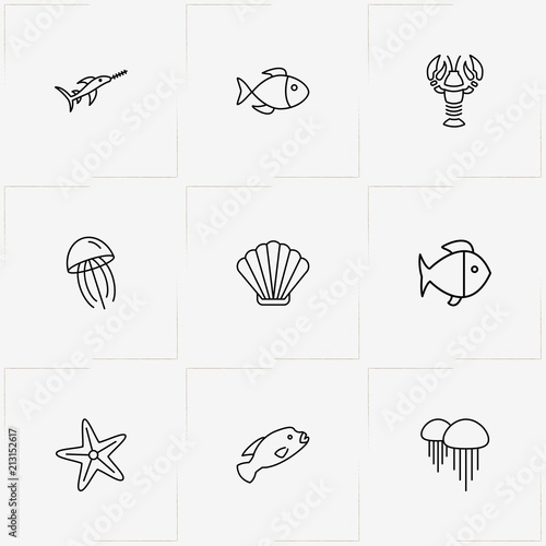 Undersea World line icon set with swordfish , fish and star fish