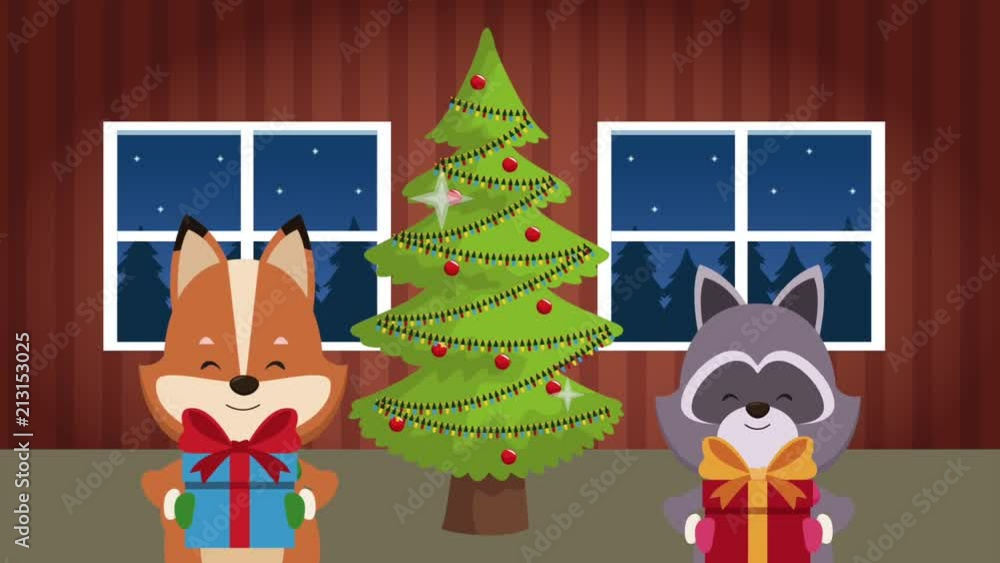 Cute fox and raccon with giftbox and christmas tree inside house High definition animation colorful scenes Cute fox and raccon with giftbox and christmas tree inside house High definition animation colorful scenes