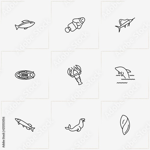 Undersea World line icon set with sea calf , conch  and swordfish