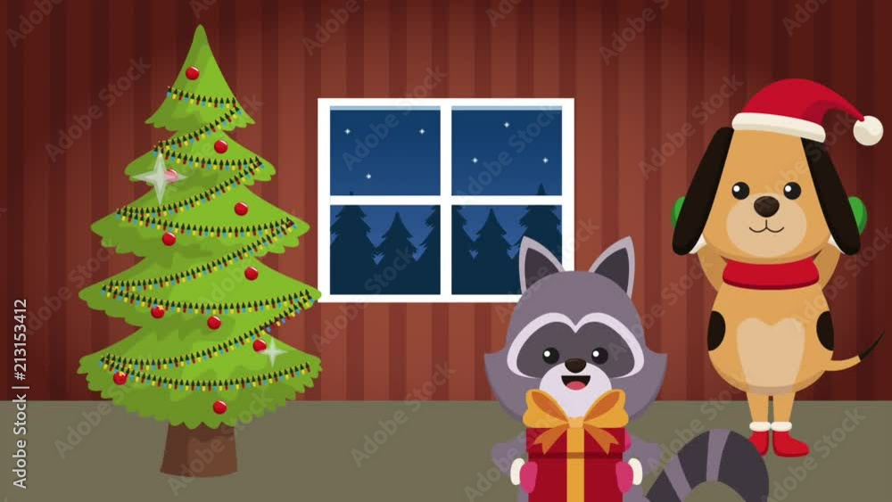 Cute dog and raccoon with giftboxes and christmas tree inside house High definition animation colorful scenes Cute dog and raccoon with giftboxes and christmas tree inside house High definition animation colorful scenes