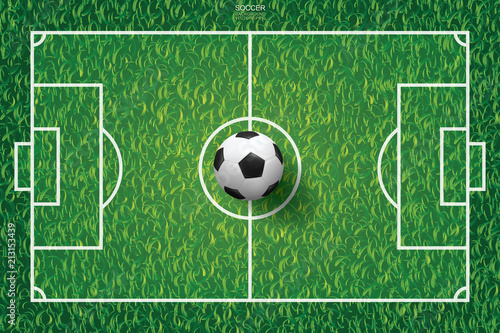 Soccer football ball on green grass of soccer field background. Vector. © Lifestyle Graphic
