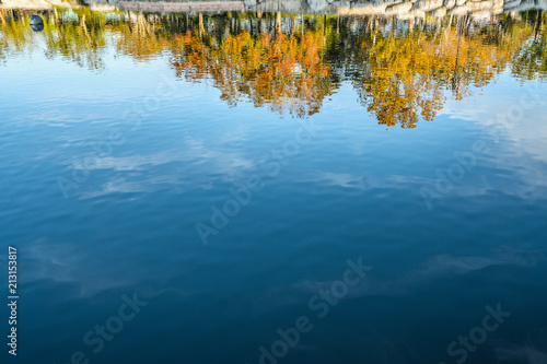 Upside down autumn trees with blue sky reflection in water.