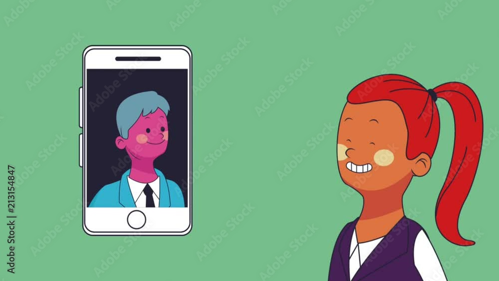 Businesswoman talking to businessman with smartphone videocall High Definition animation colorful scenes