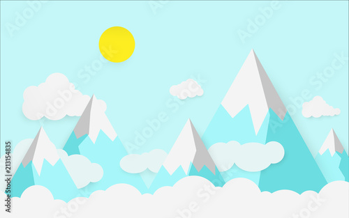 Vector Paper art landscape, High Hill Mountain with clouds and pastel blue sky and Sunrise in morning, concept go to success, Where there’s a will, there’s a way.