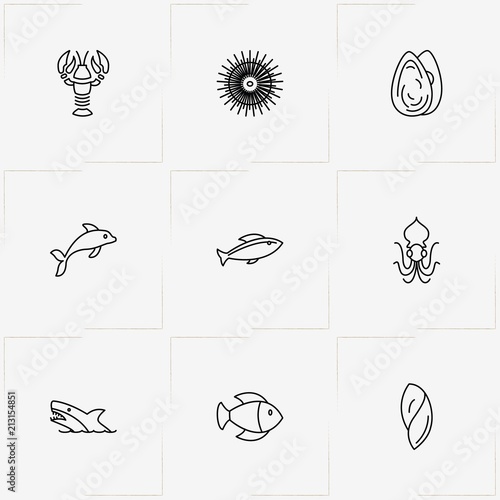 Undersea World line icon set with shark , conch  and lobster