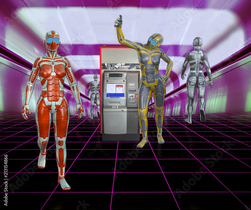 3D Illustration of Futuristic Androids in Mall with Cash Machine