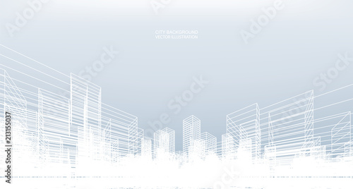 Abstract wireframe city background. Perspective 3D render of building wireframe. Vector.
