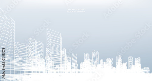 Abstract wireframe city background. Perspective 3D render of building wireframe. Vector.