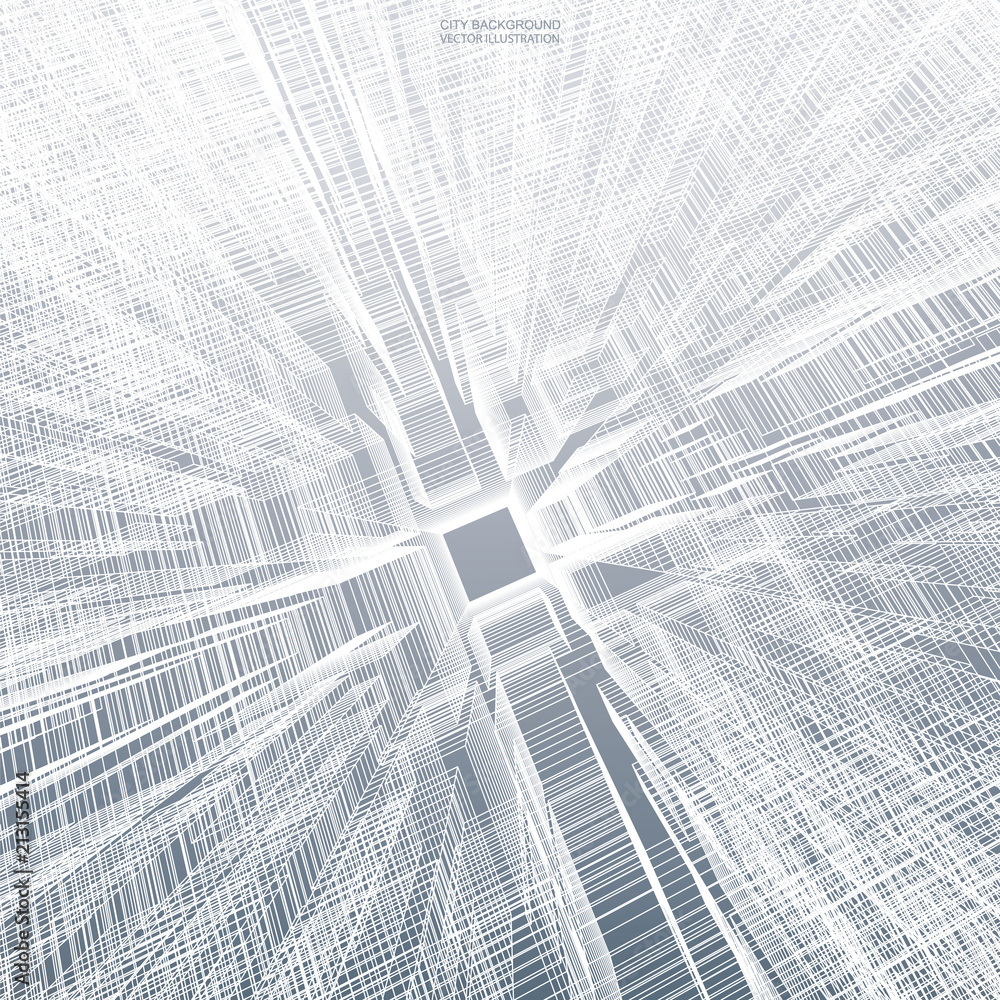 Obraz premium Abstract virtual zoom of wireframe for backgroumd. Perspective 3D render of building wireframe. Vector.