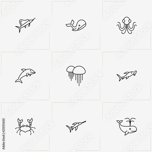 Undersea World line icon set with hammer head, jellyfish  and swordfish
