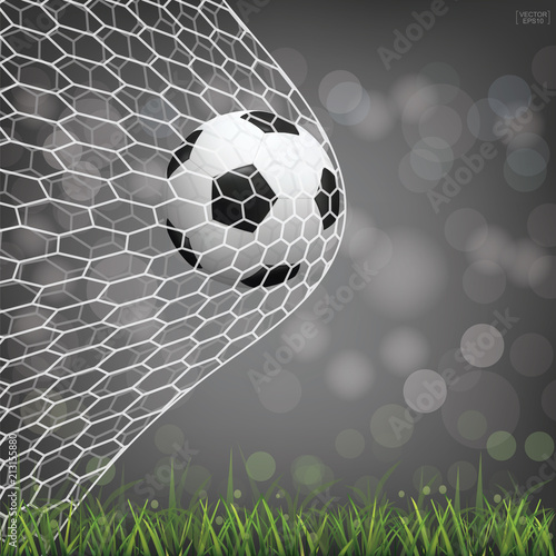 Soccer football ball in soccer goal with light blurred bokeh background. Vector.