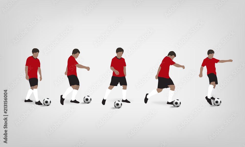 Soccer player playing and kicking soccer ball on white background. Image action of outdoor sport for template design. Vector.