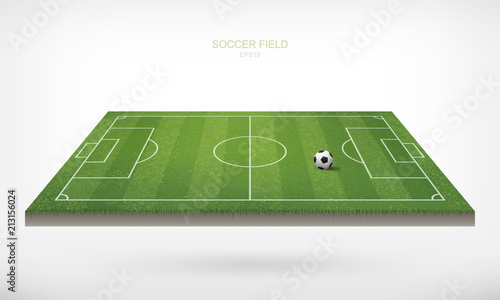 Soccer football ball in soccer field area and white background. Green grass of soccer field with pattern and texture in perspective views. Vector.
