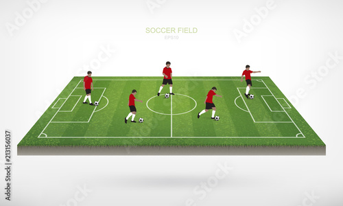 Soccer player and soccer football ball in area of soccer field with white background. Abstract action of outdoor sport for create soccer game. Vector.