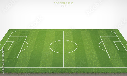 Soccer football field on white background. With perspective views pattern and texture of green grass field. Vector.