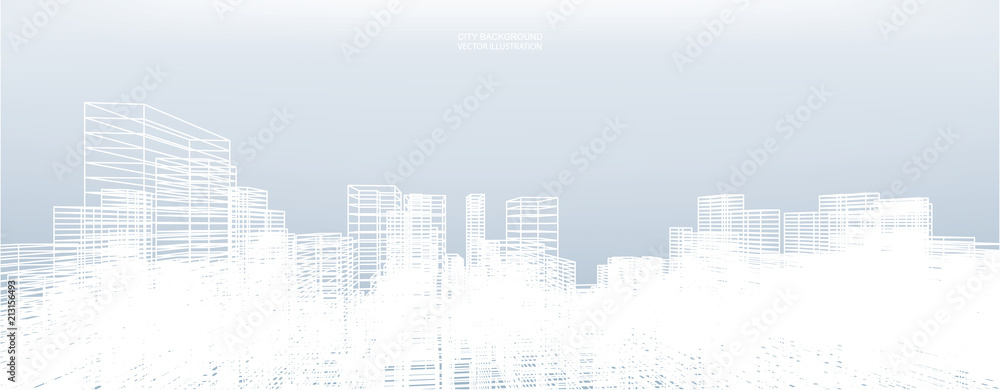 Abstract wireframe city background. Perspective 3D render of building wireframe. Vector.