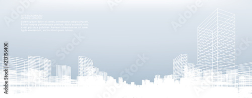 Abstract wireframe city background. Perspective 3D render of building wireframe. Vector.