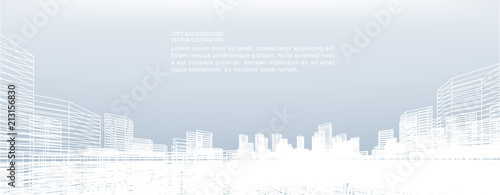 Abstract wireframe city background. Perspective 3D render of building wireframe. Vector.