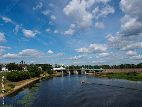 Quay of the river. Grass, water, Church, Yaroslavl