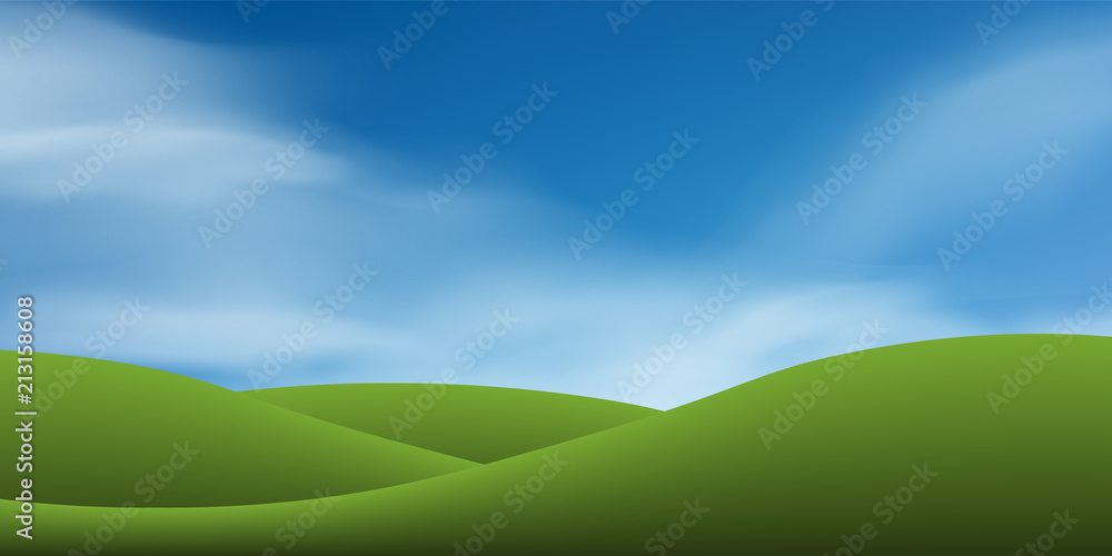 Green grass hill with blue sky. Abstract background park and outdoor for landscape idea. Use for natural article both on print and website. Vector.